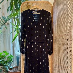 Black midi dress sheer sleeve embroidered detail